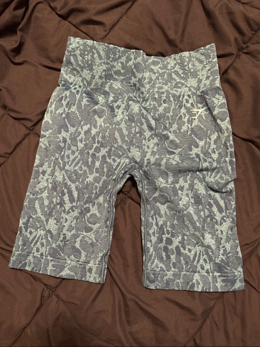 Gymshark Gray and Green Printed High-Waist Bike Shorts